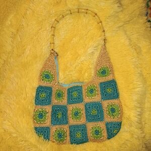 Kate Landry Teal, Tan & Green Crochet Shoulder Bag with Bamboo Handle